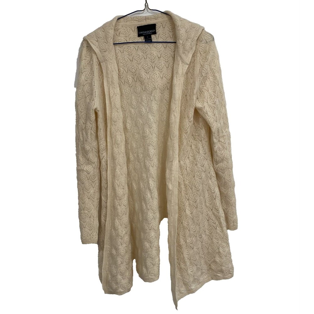 Cynthia Rowley LARGE 100% Cashmere Hooded Cardigan Cream Pointelle Knit Sweater